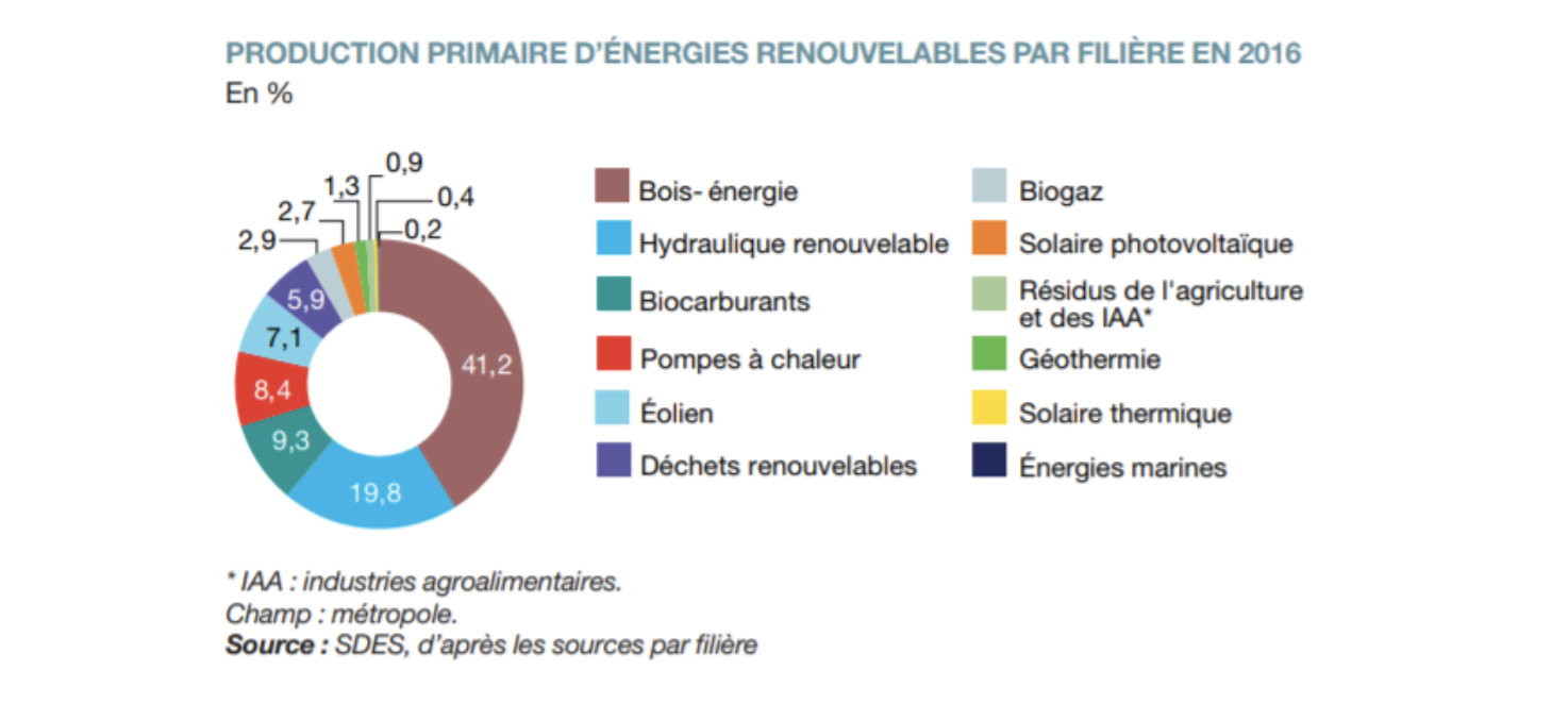 Le poids des 11 filières d’énergies renouvelables en France, en pourcentage