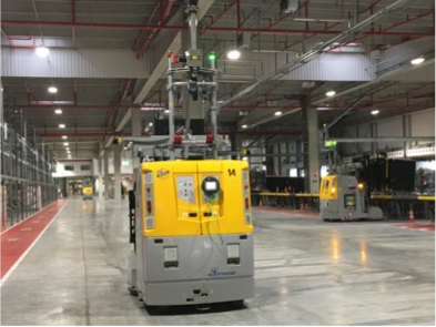 vue d'un véhicule à guidage autonome dans un entrepôt ou une usine