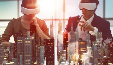 Drone, 3D, VR… ces secteurs où Bureau Veritas innove. Visuel d'illustration de cadres et ingénieurs munis de casques de réalité virtuelle.