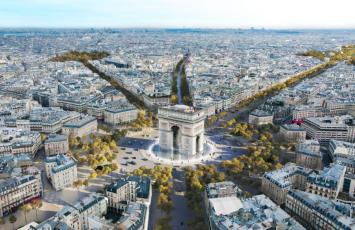 Simulation des futurs Champs Elysées au printemps avec vue aérienne de l'Arc de Triomphe entouré de végétation. De la Concorde à La Défense, ces projets grandioses veulent redonner vie à « l’axe majeur » du Grand Paris
