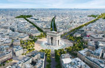 Simulation des futurs Champs Elysées en été avec vue aérienne de l'Arc de Triomphe entouré de végétation. De la Concorde à La Défense, ces projets grandioses veulent redonner vie à « l’axe majeur » du Grand Paris