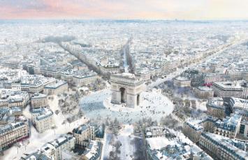 Même vue aérienne, cette fois les futurs Champs Elysées en hiver sous un manteau de neige_De la Concorde à La Défense, ces projets grandioses veulent redonner vie à « l’axe majeur » du Grand Paris