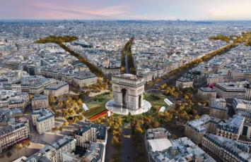 Simulation des futurs Champs Elysées à l'automne en vue aérienne avec en son centre l'Arc de Triomphe. De la Concorde à La Défense, ces projets grandioses veulent redonner vie à « l’axe majeur » du Grand Paris