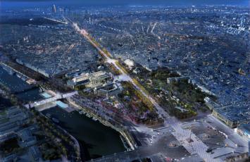 Simulation des futurs Champs Elysées : vue aérienne et nocturne. De la Concorde à La Défense, ces projets grandioses veulent redonner vie à « l’axe majeur » du Grand Paris