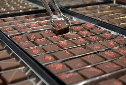Gros plan sur une grille de chocolats et bonbons confiseurs bio de la boutique Saveurs et Nature